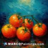 Five orange tomatoes on a blue background