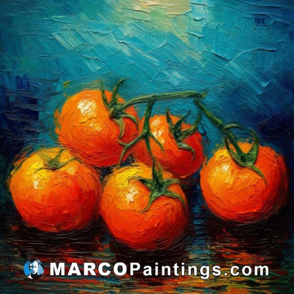 Five orange tomatoes on a blue background