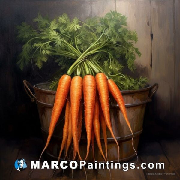 Four carrots in a bucket painted with acrylic on canvas