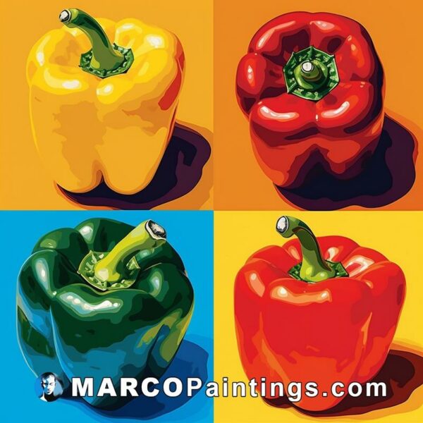 Four colors of peppers on a colorful background