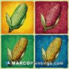 Four corn on the cob on four colored squares