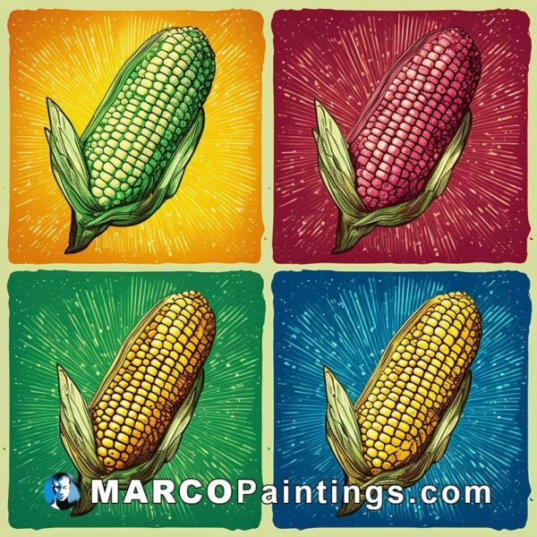 Four corn on the cob on four colored squares