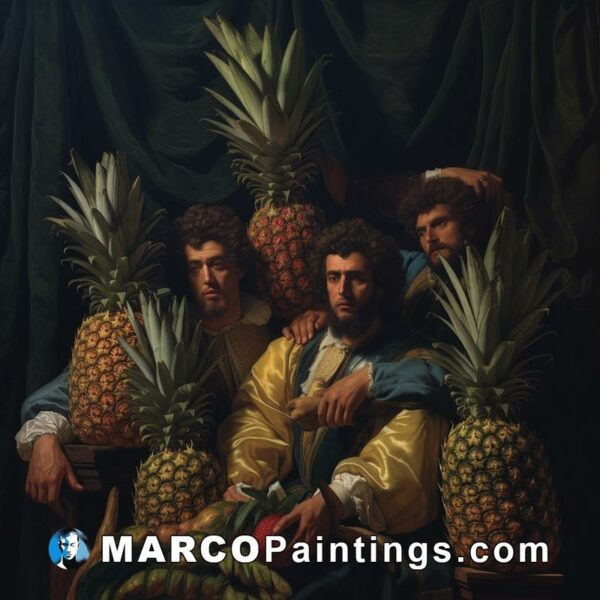 Four men posing around some pineapples in a painting