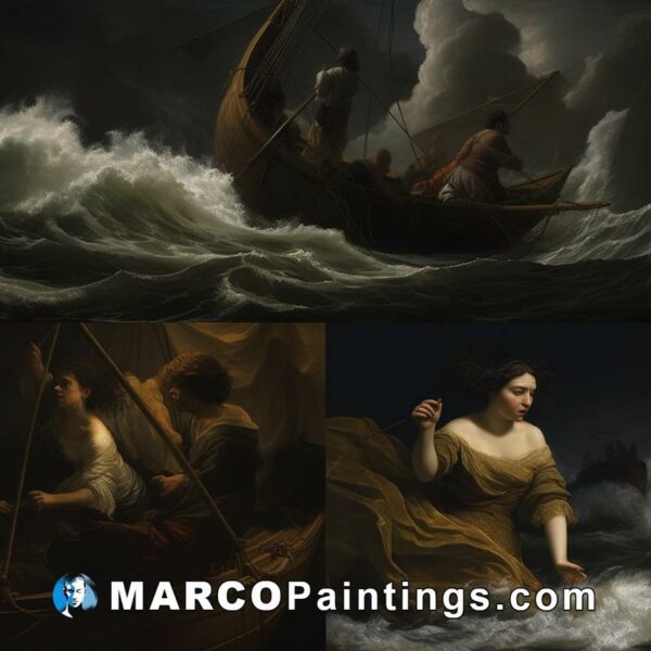 Four paintings depicting wind and stormy seas and women with sails