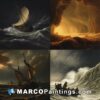 Four paintings of boats on waves