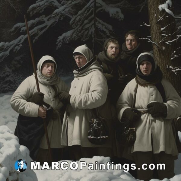 Four people in winter wearing white coats and walking in the woods