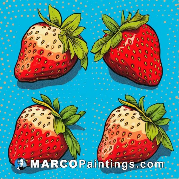 Four strawberries on blue dots background