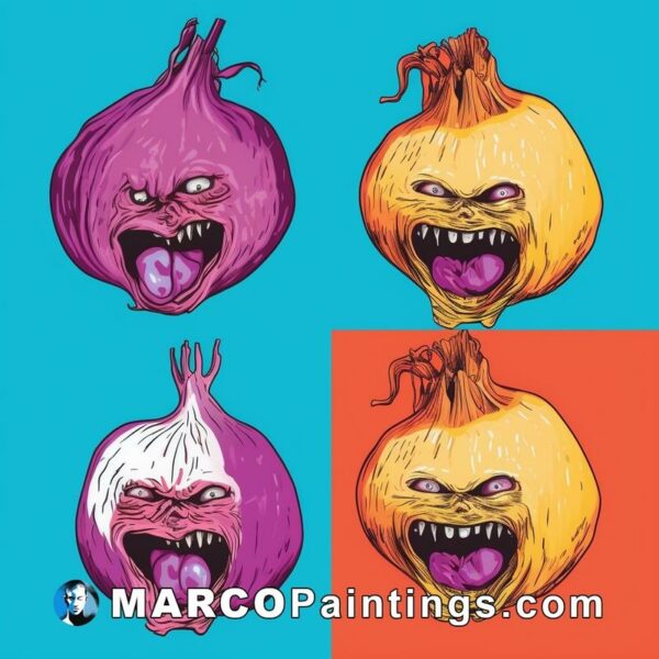 Four types of onion in different colors and each has an evil face