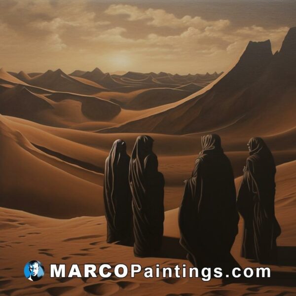 Four women in black robes walking in the desert