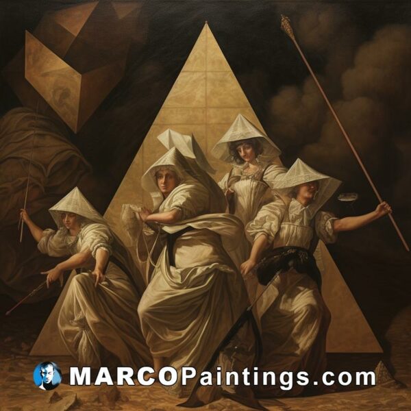 Four women surrounded by a pyramid of gold