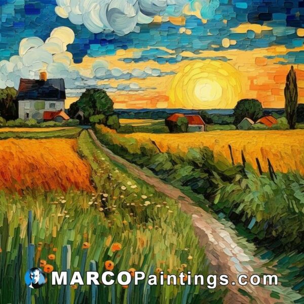 French painting beautiful countryside with trees and sun