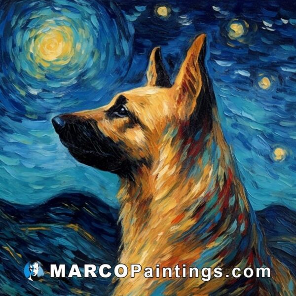 German shepherd dog at the starry night painting