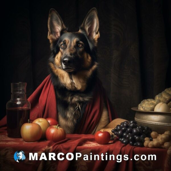 German shepherd in a red cloth with fruit and berries