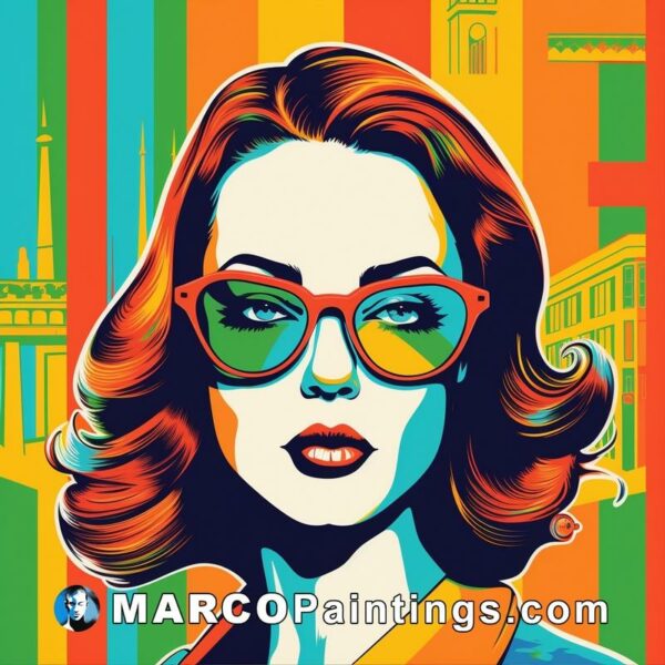 Girl in sunglasses on a colorful background with a building