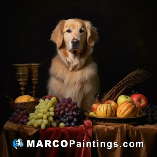 Golden retriever dog sits on table with fruits