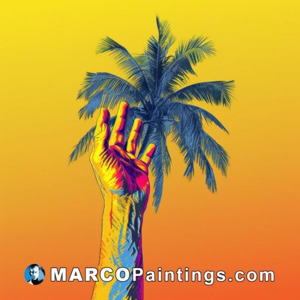 Hand holding a palm tree in an orange background with yellow and white