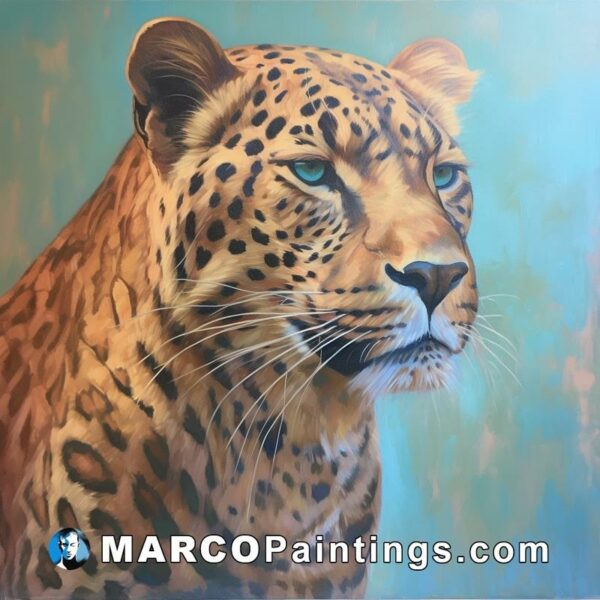 Head of a leopard painting on blue canvas