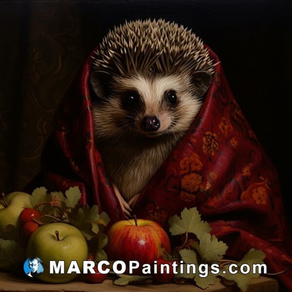Hedge animal in red towel sitting on an apple