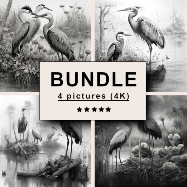 Herons and Egrets Black White Draw Sketch Bundle