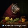 Hippo head with fruit and vegetables on table
