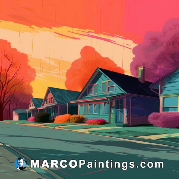 Houses are near a bright sunset
