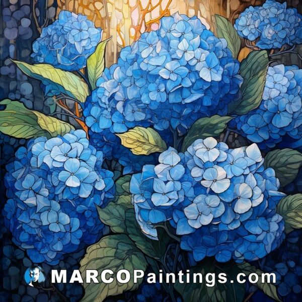 Hydrangeas stained glass window and blue flower painting in the garden