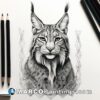 Illustration of a lynx sitting next to pencils