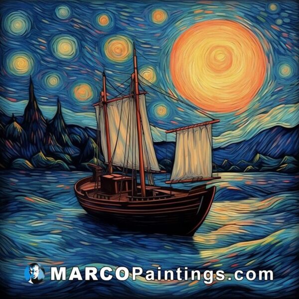 Illustration of traditional ship in the starry night