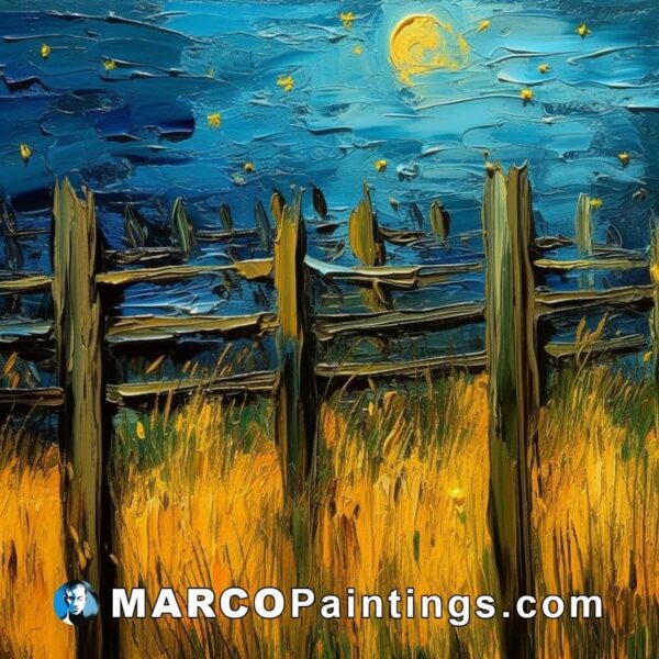 Image of a painting of a fence in a field at night looking to tha moon