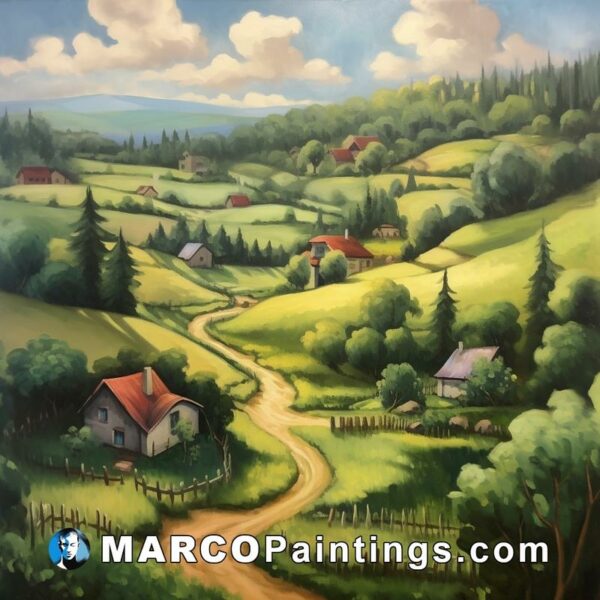 Image of a painting of a green farm and dirt road