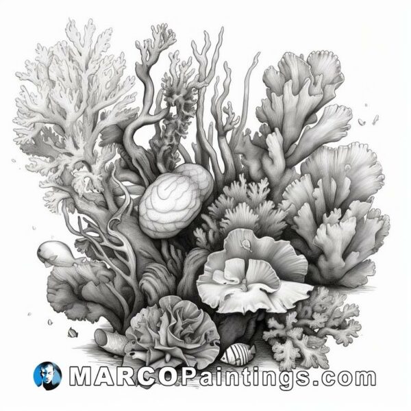 Image of some corals and shells in pencil drawing