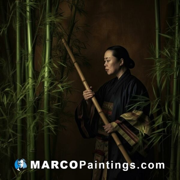 In a large bambooss is a woman in a traditional