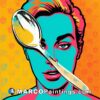 In a pop art illustration the person holding a spoon to her face