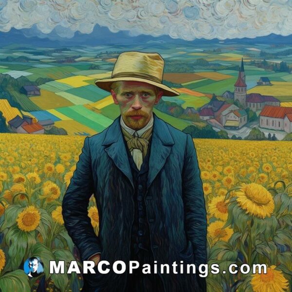 In the sunflower field the man is standing in a painting