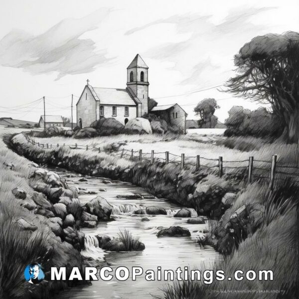 Irish church with stream in black and white drawing