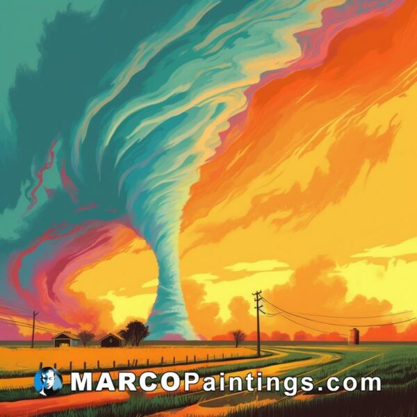 It depicts a tornado in the shape of a colored cloud in the distance