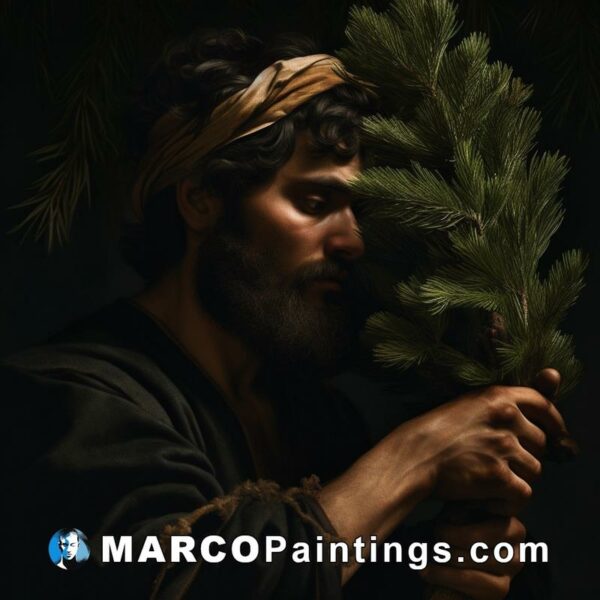 Jesus holds a branch of spruce tree