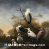 Large painting of birds on a riverbank