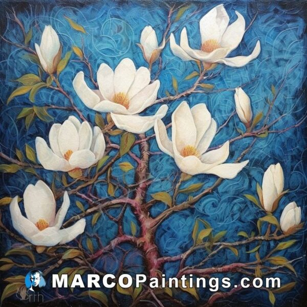 Large painting of white magnolias against blue background