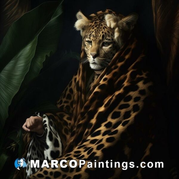 Leopard covered by a green leaf for art by kathleen carpentier