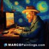 Man at computer on starry night