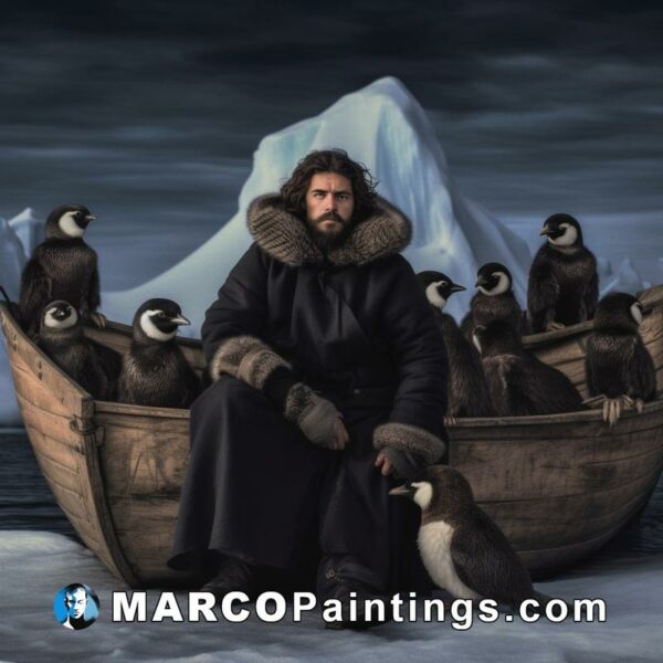Man in a brown coat with penguins