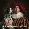 Man in a painted suit holding a dalmatian