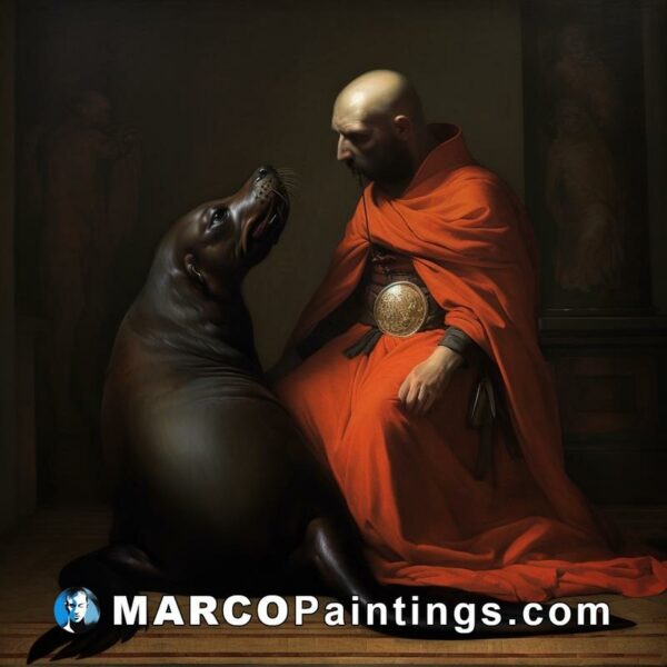 Man in red robe sitting with the seal