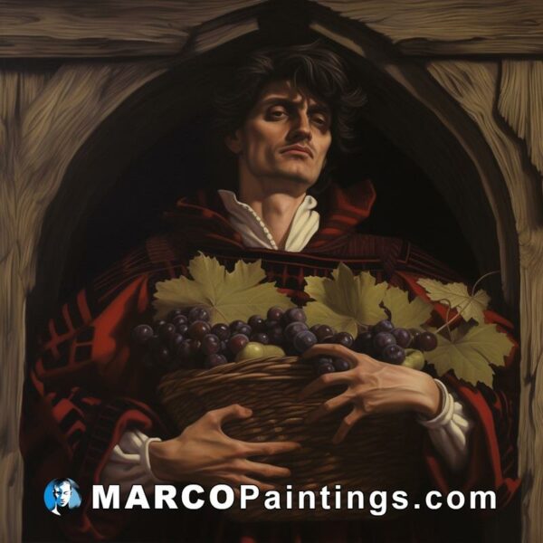 Man in robe holds basket of grapes