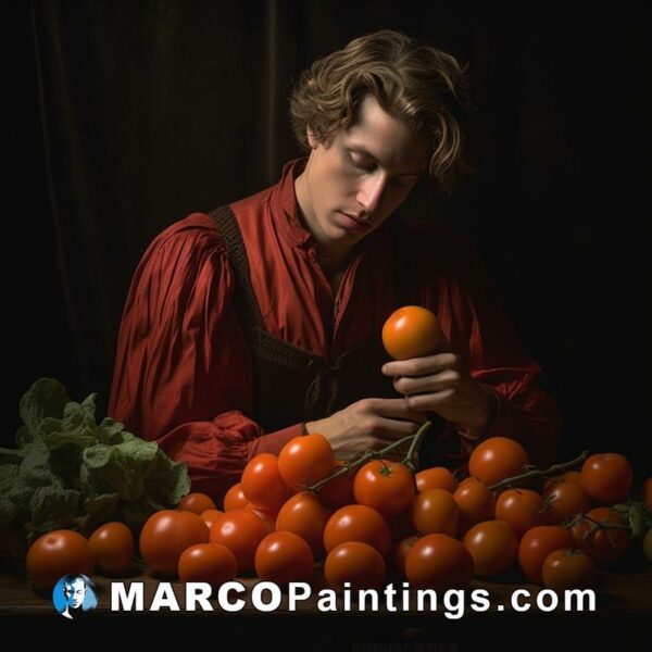 Man sitting by a red table with tomatoes