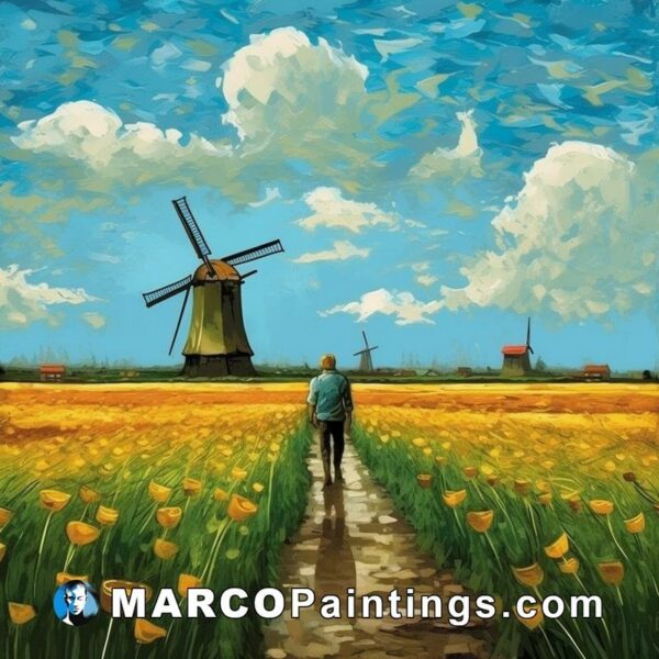 Man visiting a windmill with a path of yellow flowers