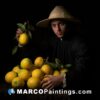Man with black hat holds baskets of lemons