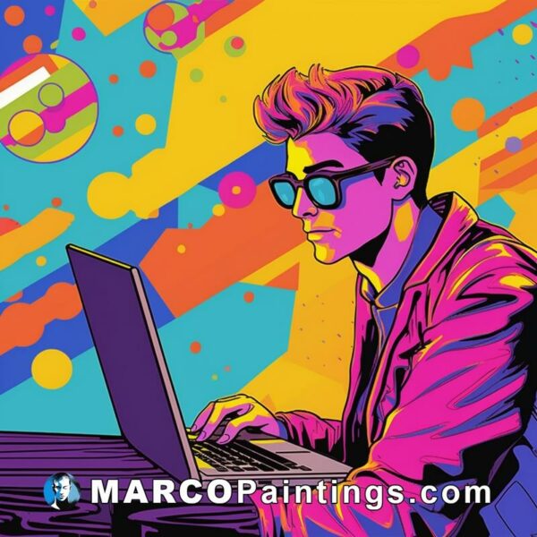 Man with glasses and glasses sitting with laptop computer and colorful background vector pop art illustration