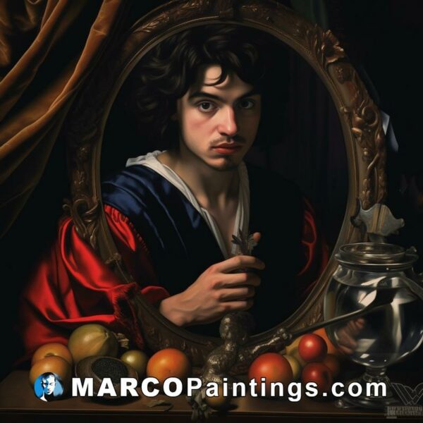 Man with oranges in a mirror